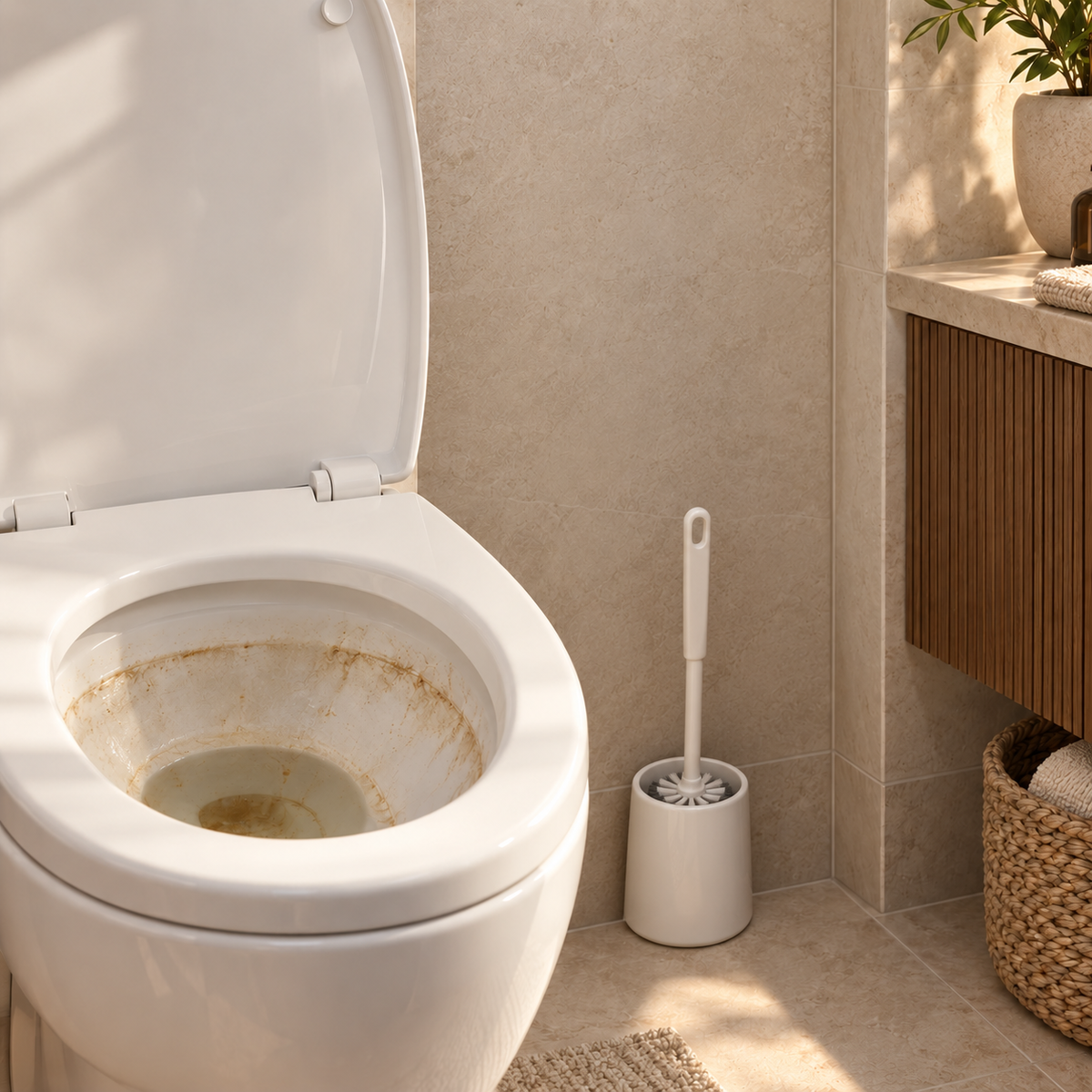 Wet traditional toilet brush sitting in its holder next to a toilet after cleaning