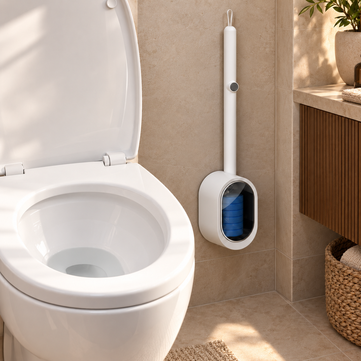 ScrubToss toilet bowl wand alone on a wall-mounted holder in a clean bathroom, no dirty brush stored